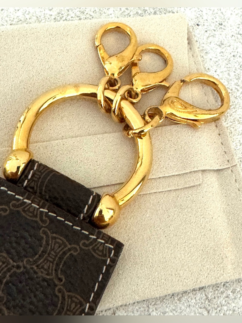 CELINE Macadam Canvas Leather Bag Charm Keychain Gold Tone Like New - Picture 6 of 7
